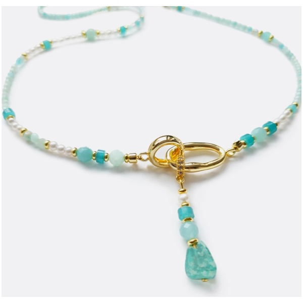 Colier lung din amazonite cu perle