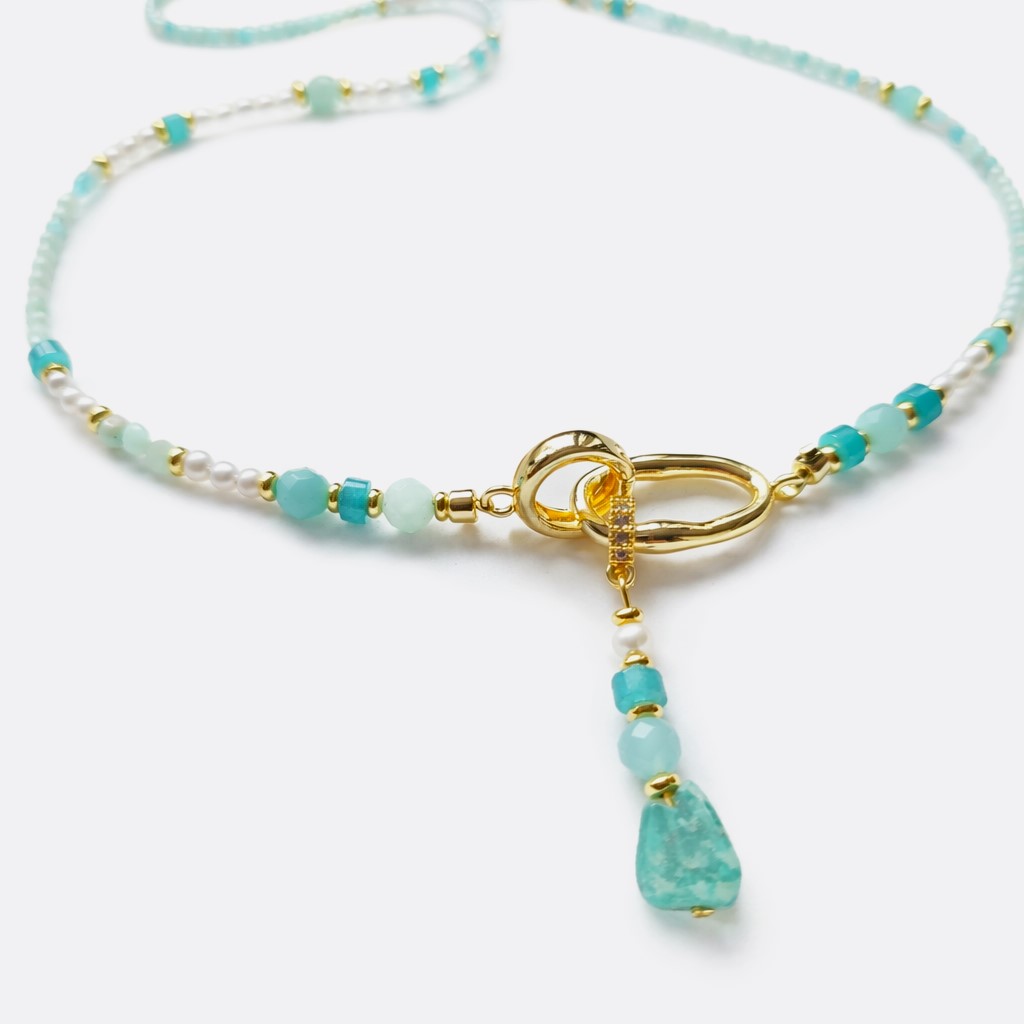 Colier lung din amazonite cu perle