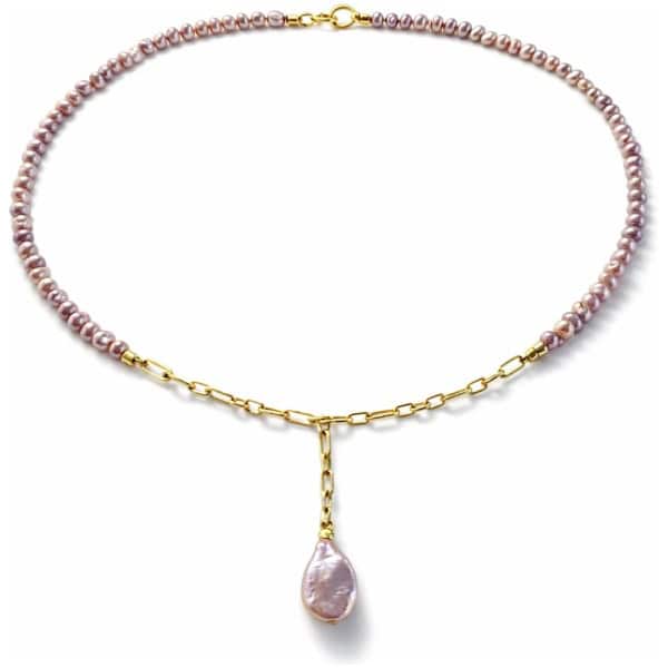 Colier din perle roz naturale cu pandantiv perla lacrima si lant placat cu aur 14K