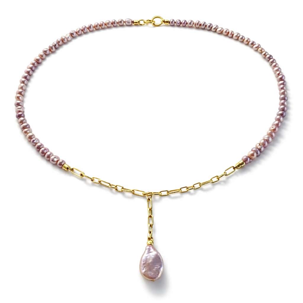 Colier din perle roz naturale cu pandantiv perla lacrima si lant placat cu aur 14K