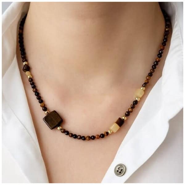 Colier din Ochi de Tigru cu citrin și detalii aurii handmade Kris Design Art