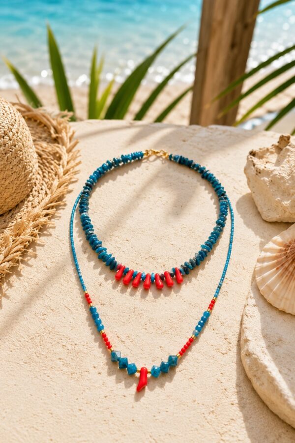 2 Colier dublu handmade din apatite si coral natural, Colectia Egeea