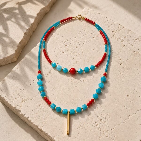 Colier dublu din Amazonite si Coral Colier dublu din Amazonite si Coral